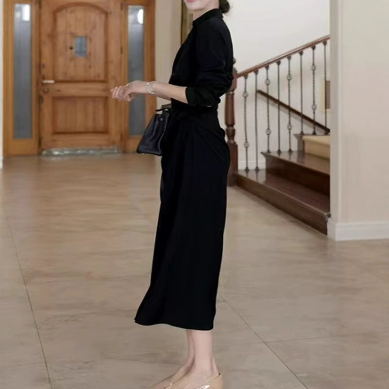 Damen Midikleid im Hemdblusen-Stil mit Taillenbindung und fließender A-Linie Drune