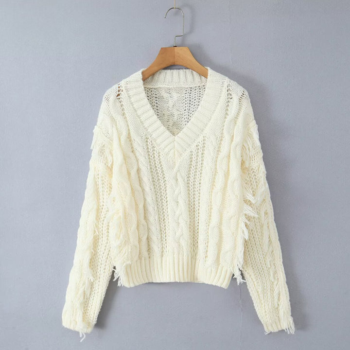 Damen Grobstrickpullover mit tiefem V-Ausschnitt und Fransen Drune