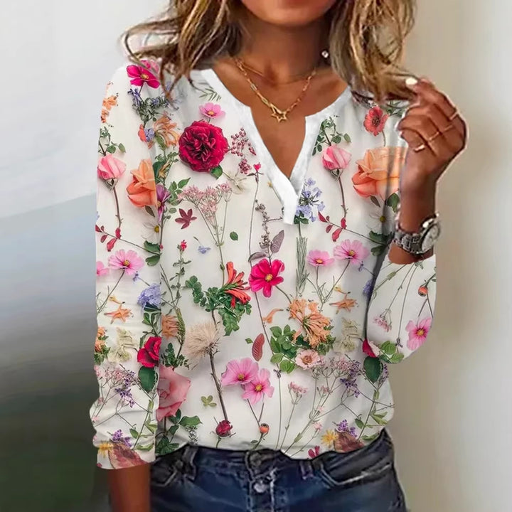Damen Floral Lange Bluse im Chiffon-Look mit V-Schlitz und Lässiger Silhouette Drune