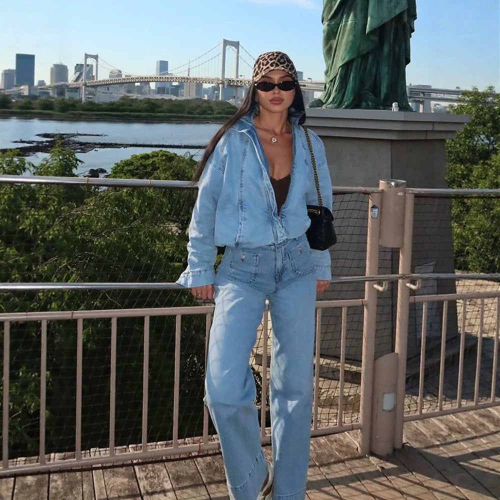 Damen Cropped Denimjacke im Bomberstil mit hohem Stehkragen und oversized Ärmeln Drune