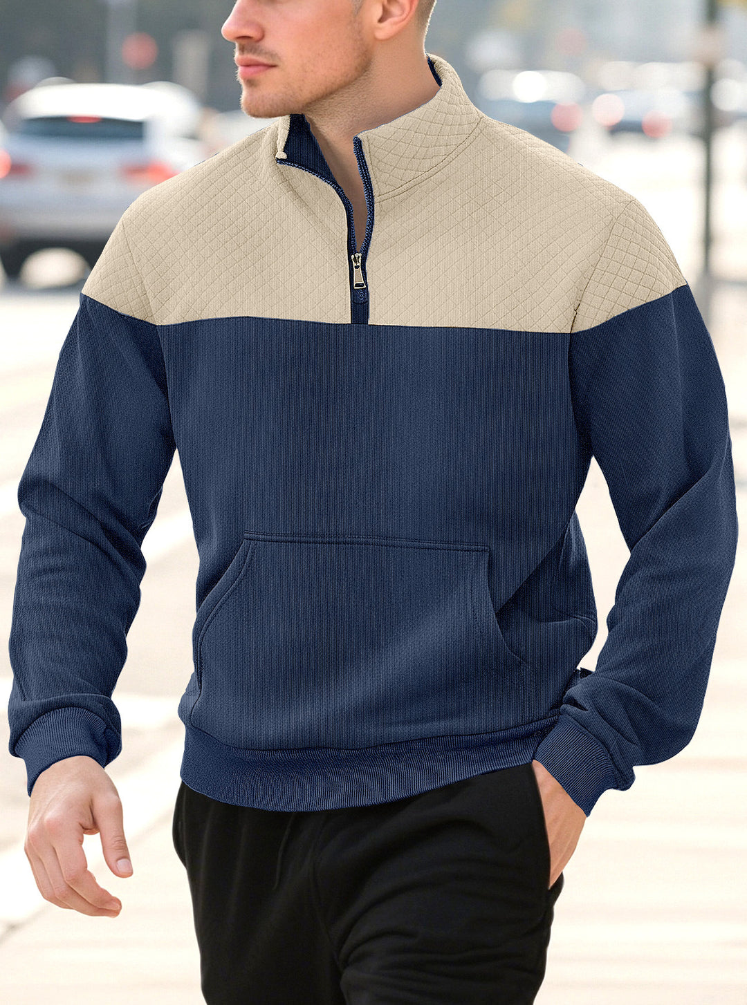 Herren nan Halbzip-Sweatshirt mit gesteppter Schulterpartie Kängurutasche und gerippten Bündchen Drune