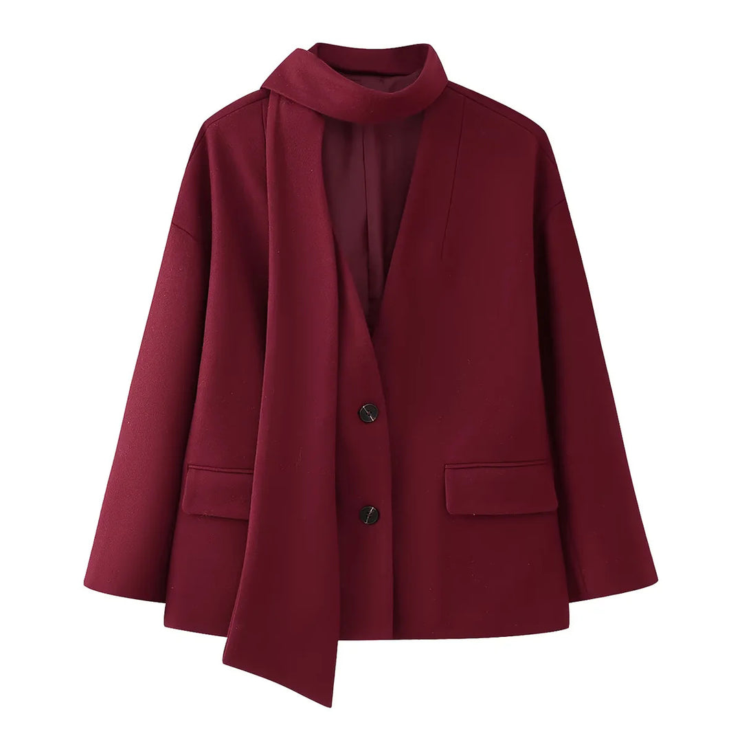 Damen nan kastiger Mantelblazer mit integriertem Schlauchschal, legerer Boxy‑Silhouette und Pattentaschen Drune