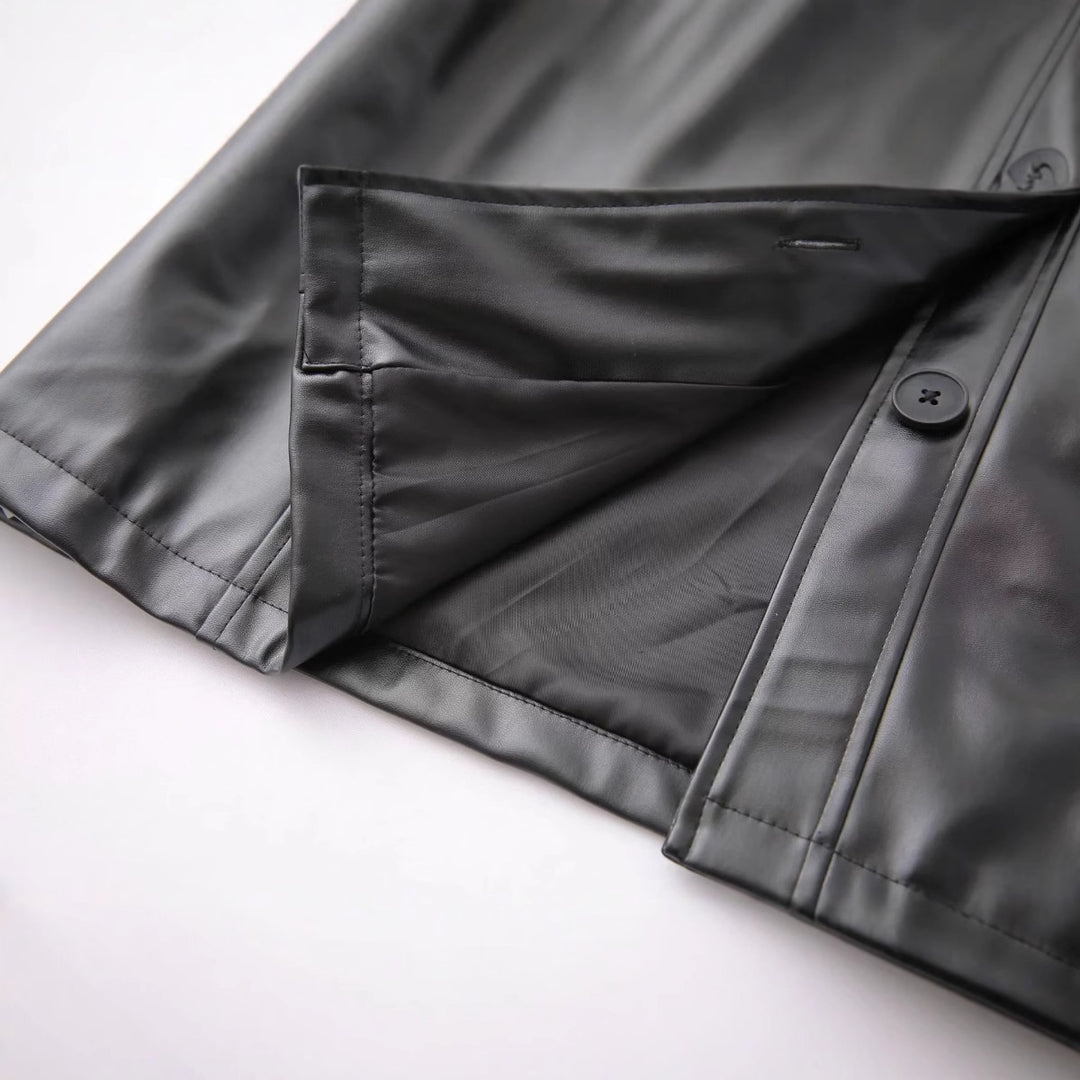 Damen nan oversized Kunstleder-Hemdjacke mit Hemdkragen, durchgehender Knopfleiste und aufgesetzten Eingrifftaschen Drune