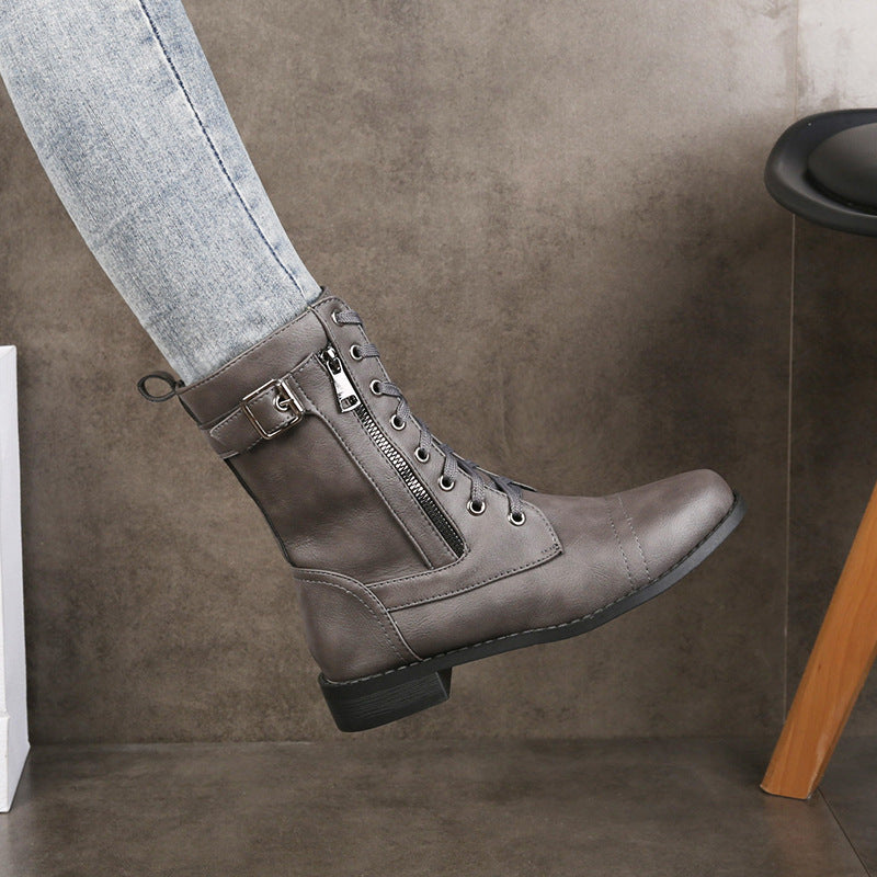 Damen nan knöchelhohe Vintage-Lederoptik Combat-Stiefelette mit seitlichem Reißverschluss, dekorativem Schnallenriemen und leichtem Blockabsatz Drune
