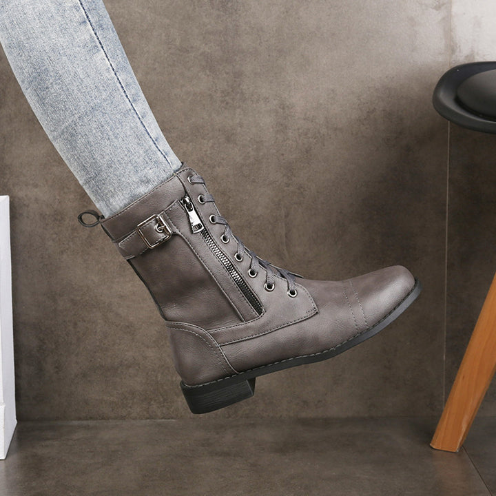 Damen nan knöchelhohe Vintage-Lederoptik Combat-Stiefelette mit seitlichem Reißverschluss, dekorativem Schnallenriemen und leichtem Blockabsatz Drune