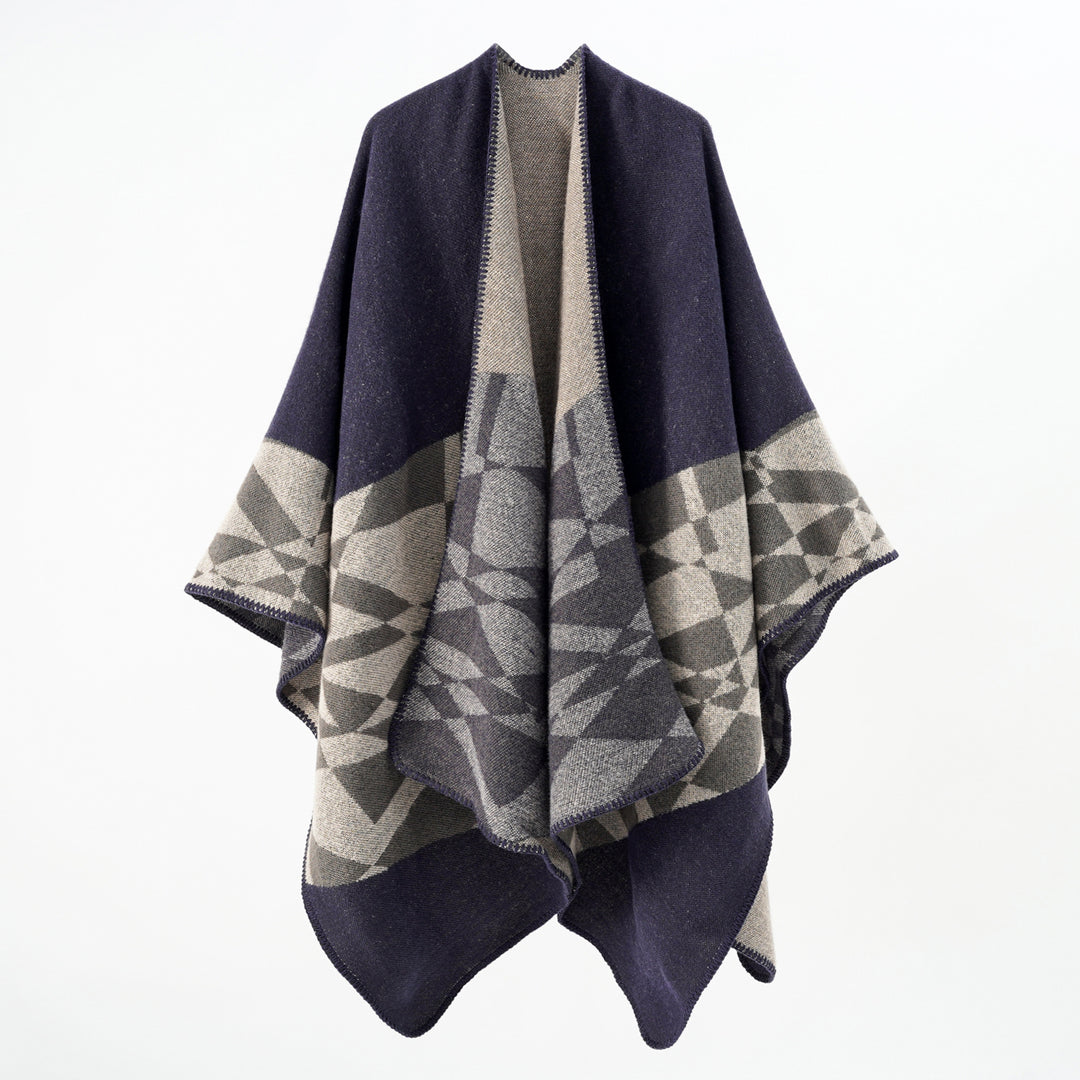 Damen Großer Strickponcho im Cape‑Schnitt mit Ziernaht und geometrischem Intarsia Drune