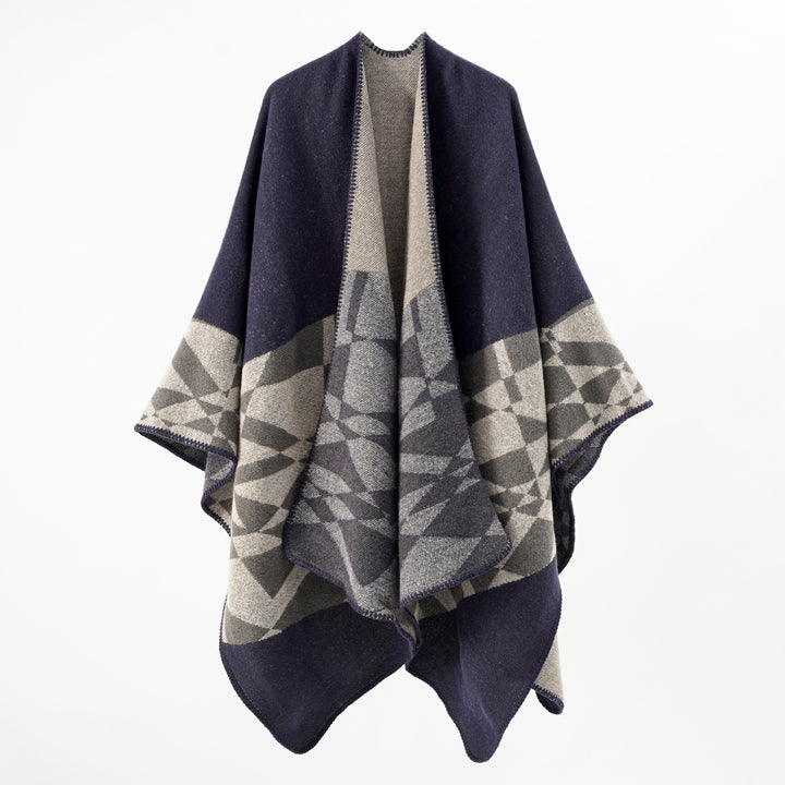 Damen Großer Strickponcho im Cape‑Schnitt mit Ziernaht und geometrischem Intarsia Drune