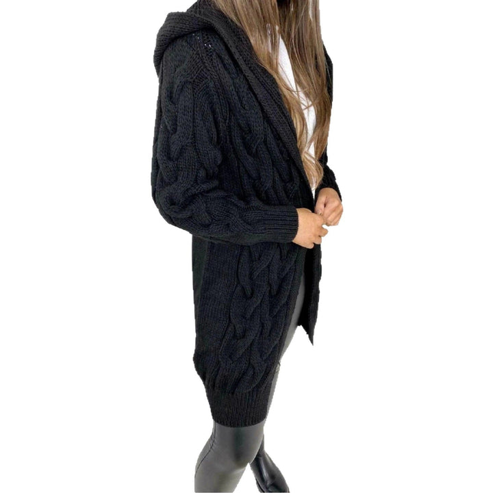 Damen lange Strickjacke mit Kapuze und Zopfdesign Drune