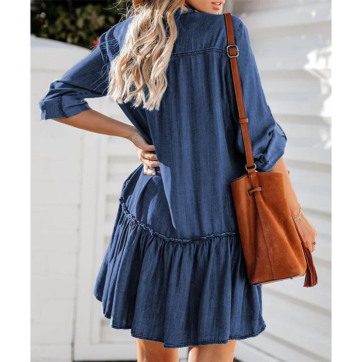 Damen nan locker fallendes Jeans-Hemdkleid mit Volantstufe und aufgesetzten Taschen Drune