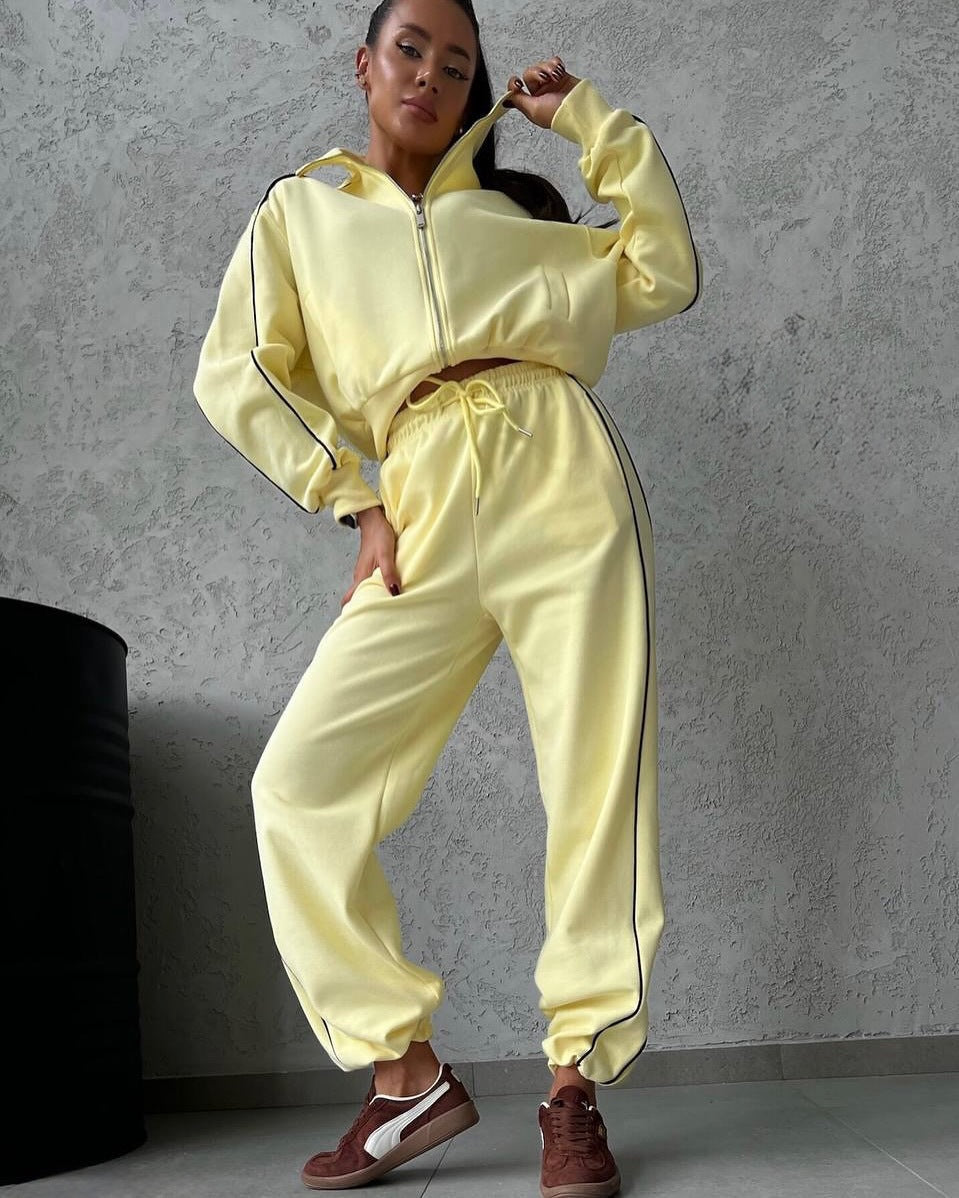 Damen lässiges Sweatset mit Stehkragen Reißverschluss gekürzter Jacke und hochtaillierter Schlaghose Drune