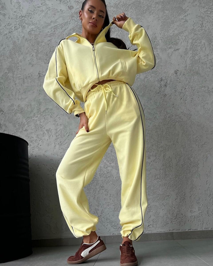 Damen lässiges Sweatset mit Stehkragen Reißverschluss gekürzter Jacke und hochtaillierter Schlaghose Drune