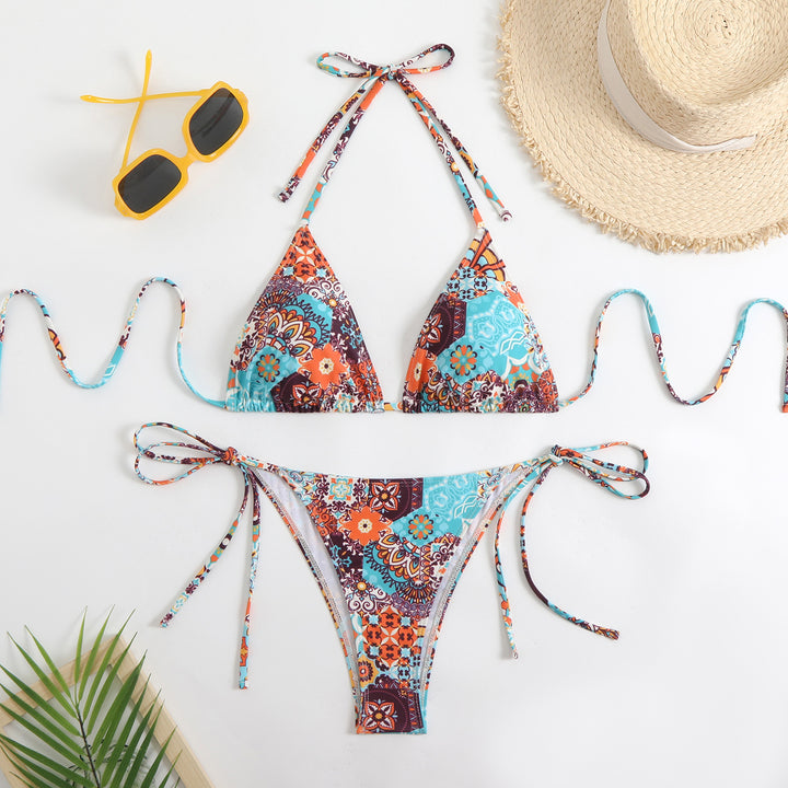 Damen Triangel-Bikini mit verspieltem Blumenmuster und Bindebändern Drune