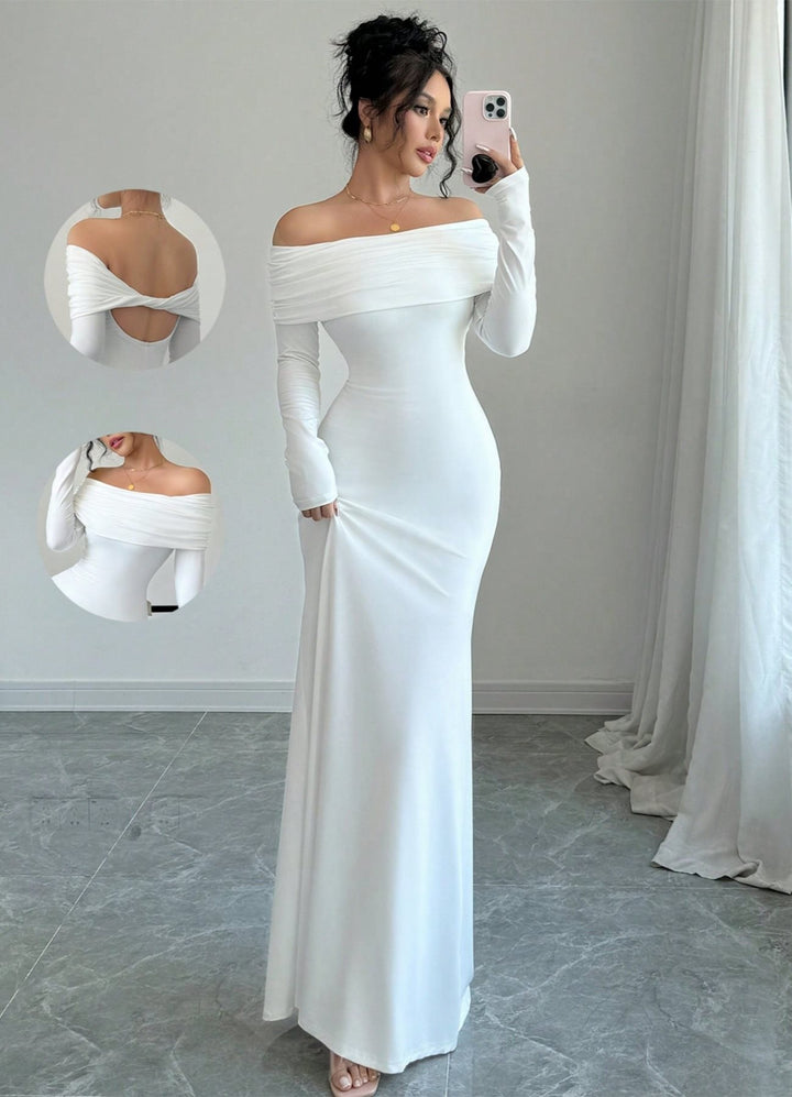Damen elegantes Schulterfreies Langarm-Maxi-Kleid mit raffinierten Rückendetails Drune