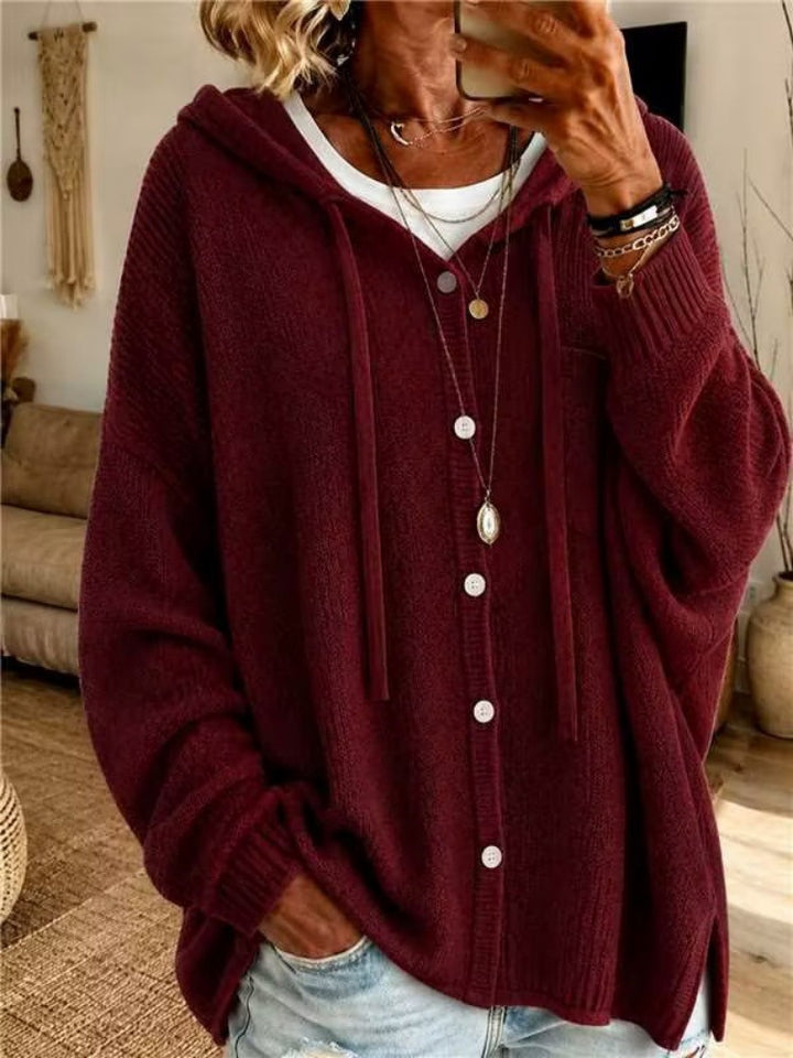 Damen Kapuzen-Cardigan aus strukturiertem Feinstrick mit Knopfleiste Drune