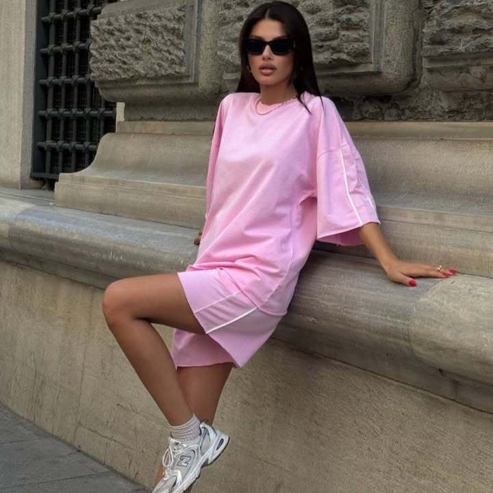 Damen lässiges Kurzarm- und Shorts-Set mit modernen Akzenten Drune