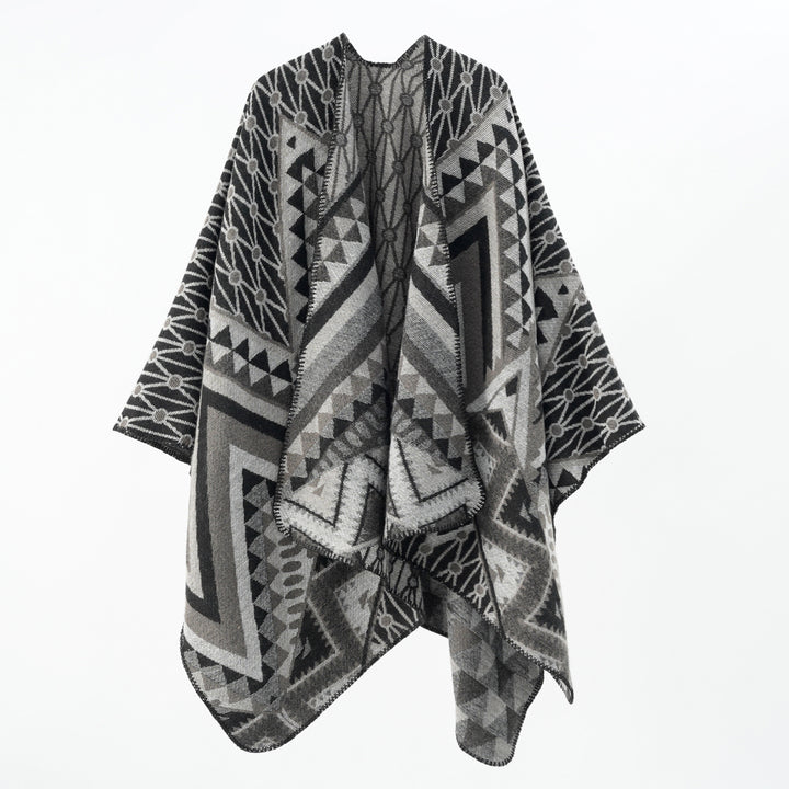 Damen Strukturiertes Jacquard-Poncho-Überwurf mit grafischem Ethno-Muster und offenem Kimono-Fall Drune