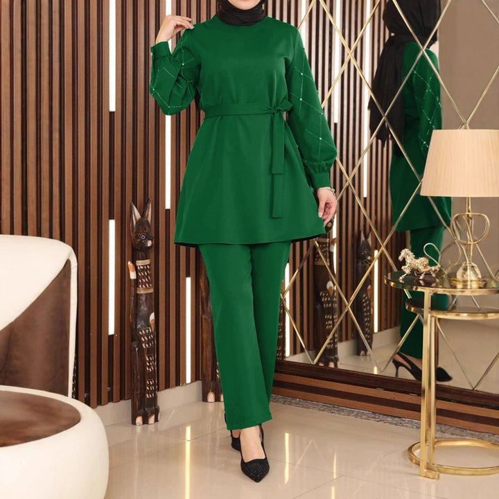 Damen Elegantes zweiteiliges Tunika-Set mit Taillengürtel und Zierärmeln Drune