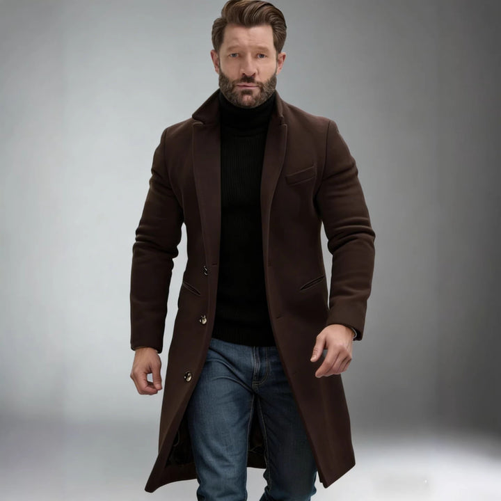 Herren Eleganter einreihiger Langmantel aus Wollmix mit schmaler Silhouette und Reverskragen Drune