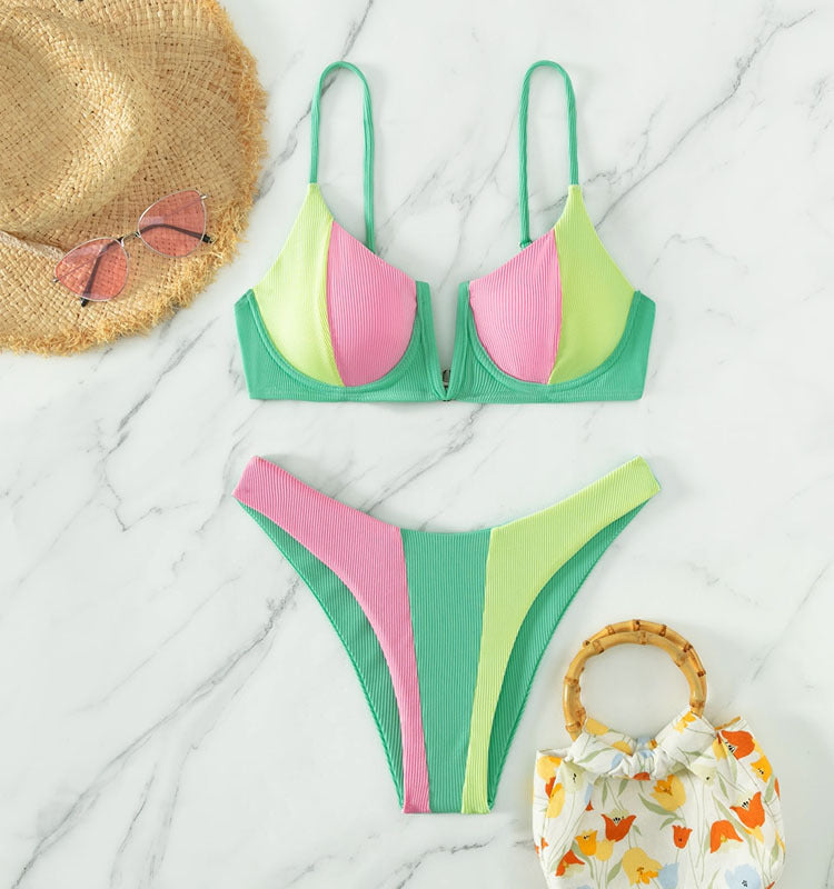 Damen Bikini-Set mit trendigem Farbblockdesign und verstellbaren Trägern Drune
