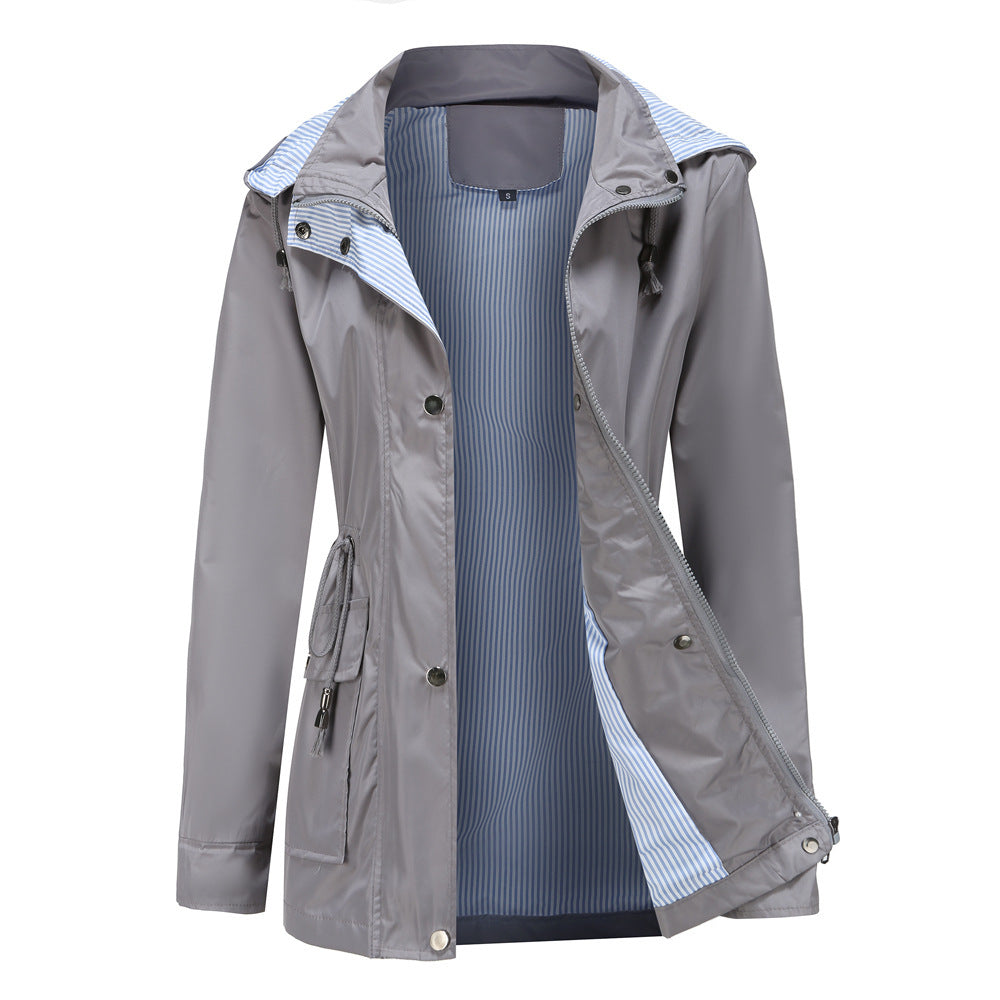Damen Wetterfeste Regenjacke mit verstellbarem Kapuzenkragen und Taillenzug Drune