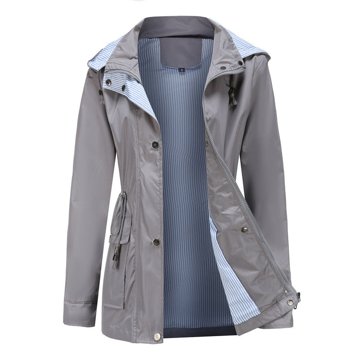 Damen Wetterfeste Regenjacke mit verstellbarem Kapuzenkragen und Taillenzug Drune