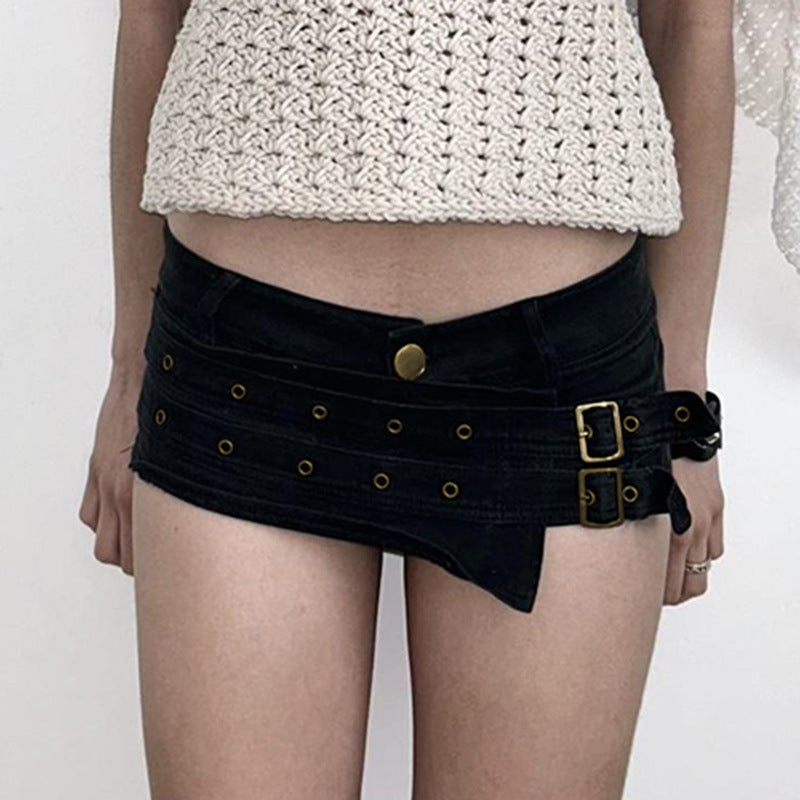 Damen Minirock mit kreativem Schnallendesign und kontrastierenden Ösen Drune