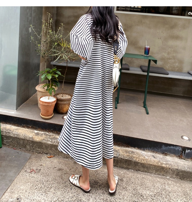 Damen Gestreiftes Midikleid mit A‑Linie, überschnittenen Schultern und voluminösen 3/4‑Ärmeln Drune