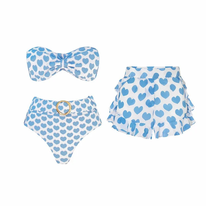 Damen Bikiniset mit herzförmigen Mustern und Rüschenrock Drune