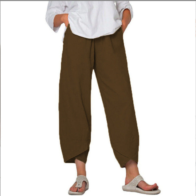 Damen nan lockere Leinenhose mit hohem Bund, Tulpen-Saum und seitlichen Eingrifftaschen Drune