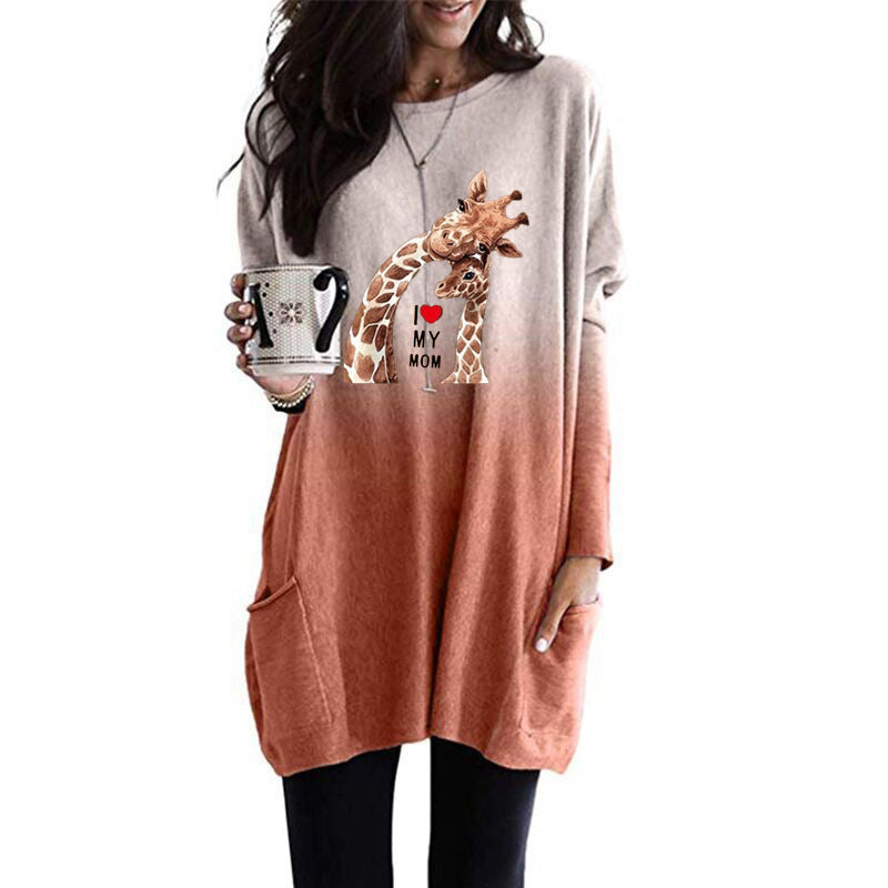 Frauen Übergroße Sweatkleid mit Giraffenmuster, Rundhalsausschnitt und Seitentaschen Drune