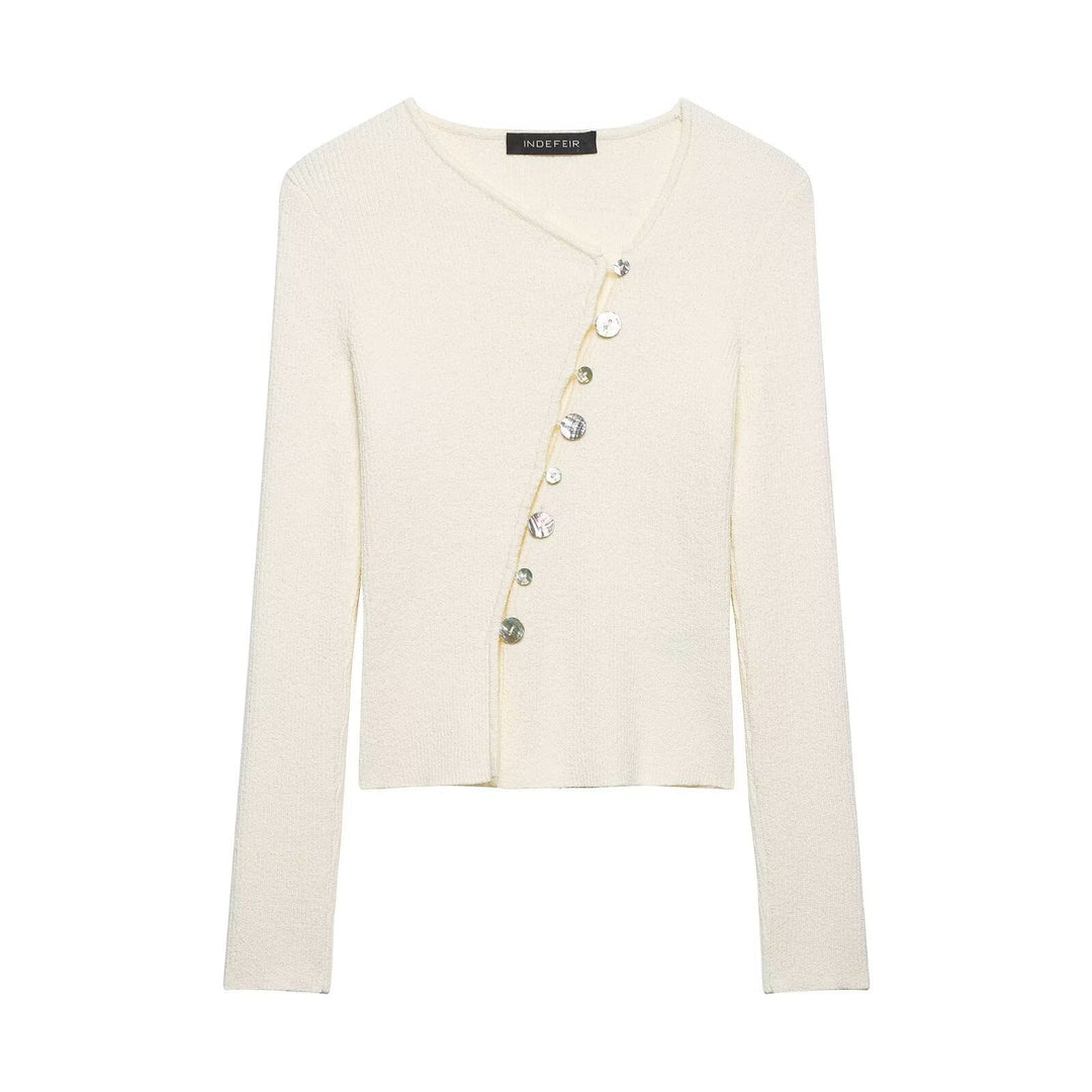 Damen Asymmetrische Bouclé-Strickjacke mit V-Ausschnitt und dekorativer Knopfleiste Drune