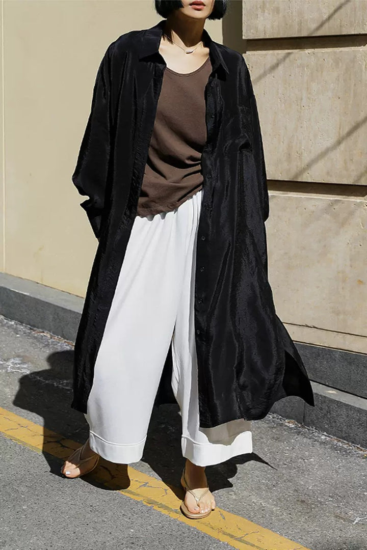 Damen Oversize Hemdblusen-Mantel mit Brusttasche, Seitenschlitz und fließender Leinenoptik Drune