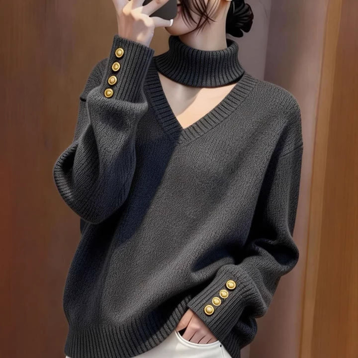 Damen Luxus Strickpullover mit Rollkragen und Knopfdetails Drune