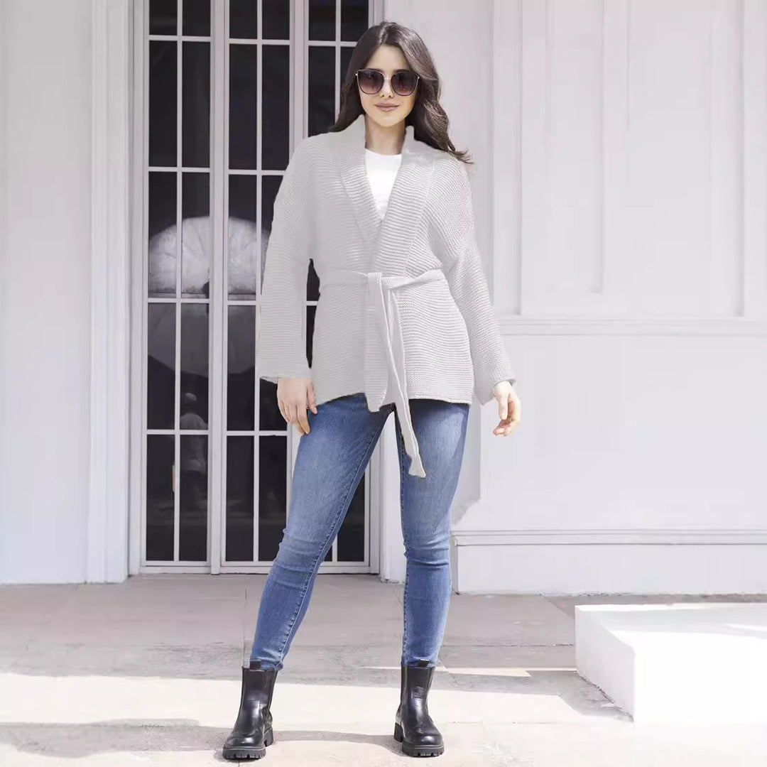 Damen lässiger Strickcardigan mit Taillengürtel und Schulternähten Drune