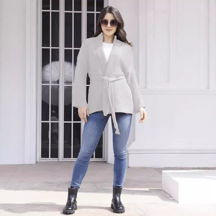 Damen lässiger Strickcardigan mit Taillengürtel und Schulternähten Drune