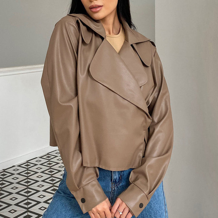 Damen Modische Kunstlederjacke mit elegantem Reverskragen und asymmetrischem Schnitt Drune
