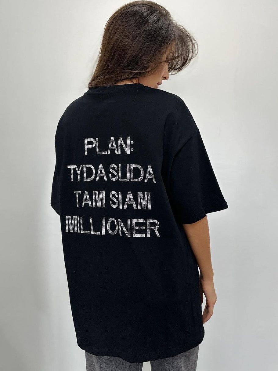 Damen oversized Statement-T-Shirt mit Strassschrift auf dem Rücken Drune