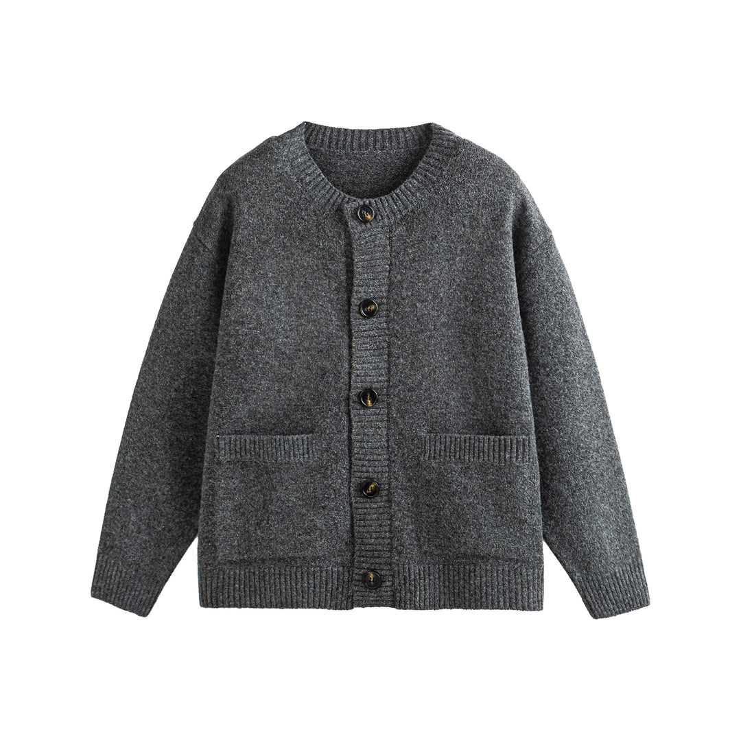 Unisex Grobgestrickte Boxy-Strickjacke mit Knopfleiste, Rundhalsausschnitt und aufgesetzten Taschen Drune