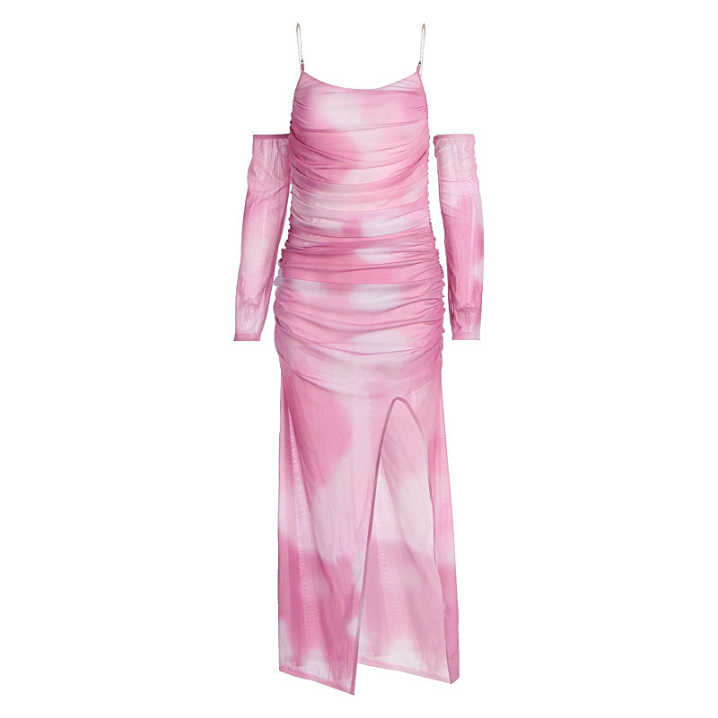 Damen Maxikleid mit raffinierten Rüschendetails und transparenten Ärmeln Drune