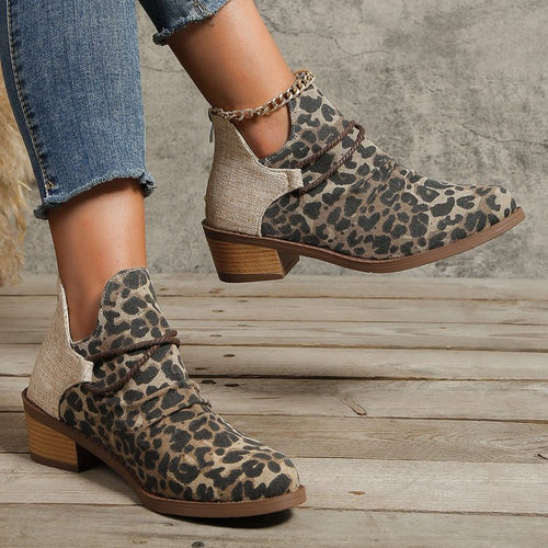 Damen Kurzstiefelette mit Leoparden-Print, Canvas-Obermaterial, dekorativem Flechtriemen und niedrigem Blockabsatz Drune