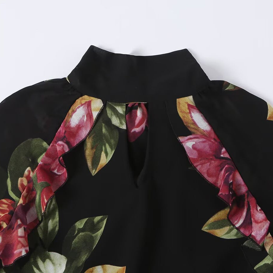 Damen Maxikleid mit Blumenprint, Stufenrock und Volantärmeln Drune