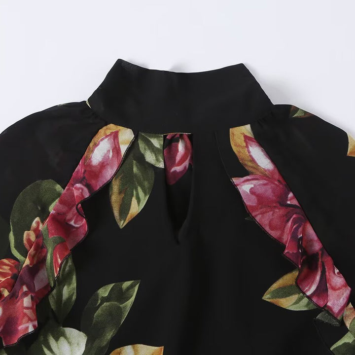 Damen Maxikleid mit Blumenprint, Stufenrock und Volantärmeln Drune