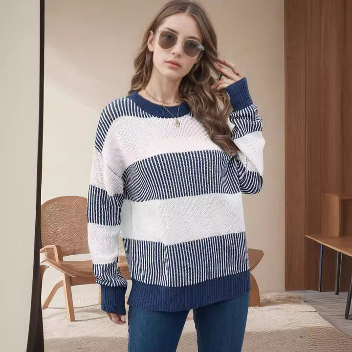 Damen lässiger Strickpullover mit breiten Streifen und weitem Schnitt Drune