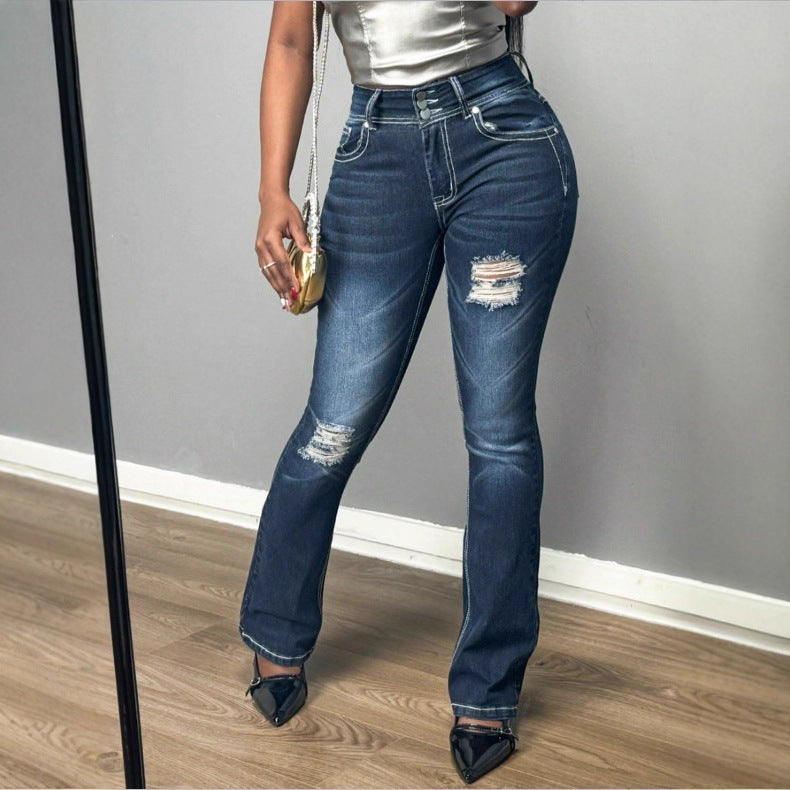 Damen Figurformende High-Waist Bootcut-Jeans mit dreifacher Knopfleiste und dezenter Destroyed-Optik Drune