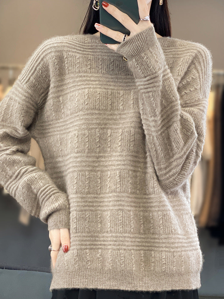 Damen Oversize-Feinstrickpullover mit Strukturblöcken, Mohair‑Look und Rundhalsausschnitt Drune
