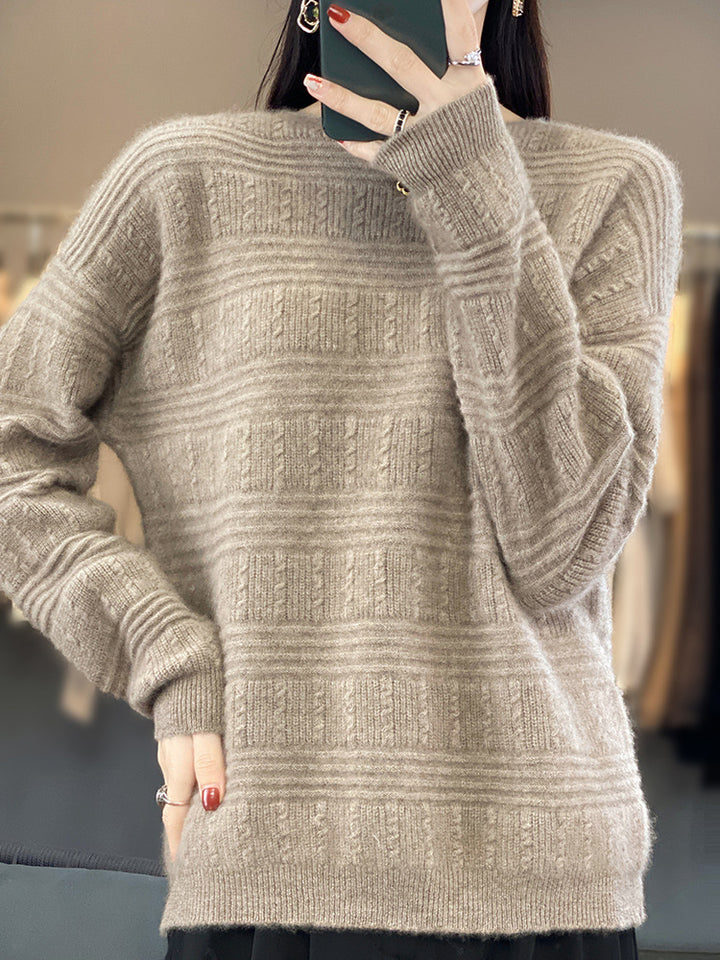 Damen Oversize-Feinstrickpullover mit Strukturblöcken, Mohair‑Look und Rundhalsausschnitt Drune