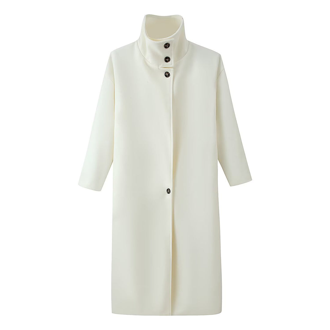 Damen 300+ langer minimalistischer Wollmix‑Mantel mit Stehkragen und verdeckter Knopfleiste Drune