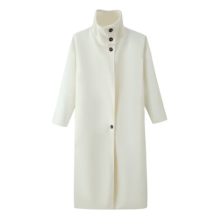 Damen 300+ langer minimalistischer Wollmix‑Mantel mit Stehkragen und verdeckter Knopfleiste Drune