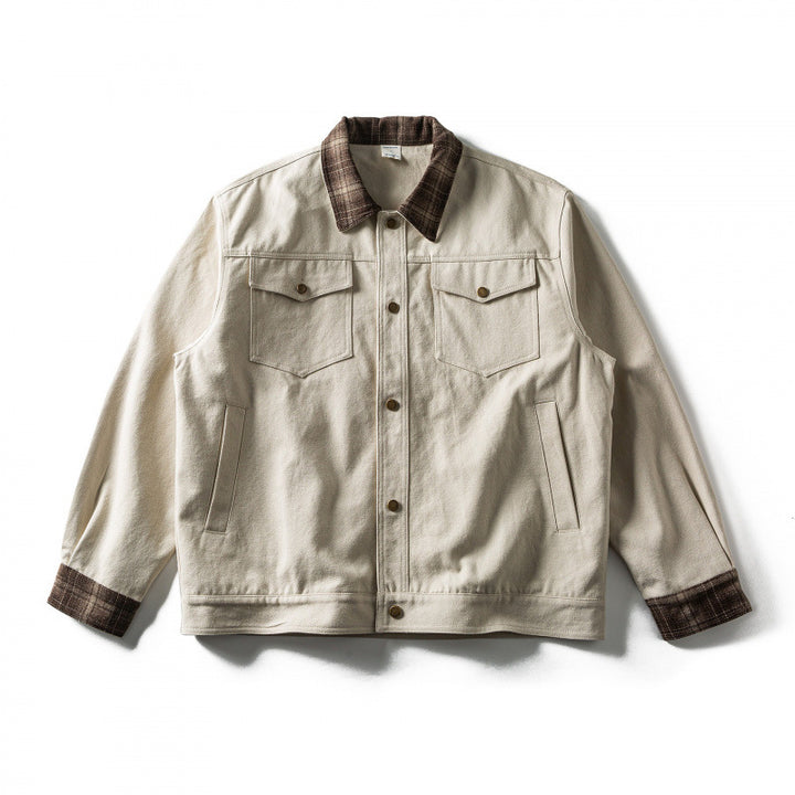Herren Oversize-Truckerjacke aus Canvas mit Kontrast-Karo-Kragen und aufgesetzten Brusttaschen Drune