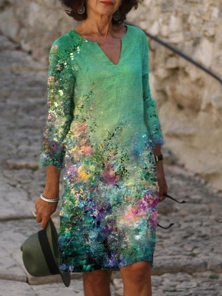 Damen Sommerkleid mit V-Ausschnitt und buntem Grafikdesign Drune